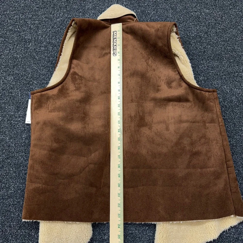 Chaps Faux Suede Shearling Lined Vest Womens L Brown NWT Open Front Drape Boho